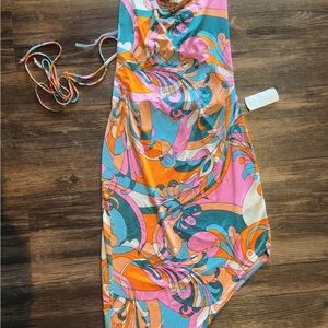Vibrant Multicolor Halter Dress - Pink, Orange & Blue